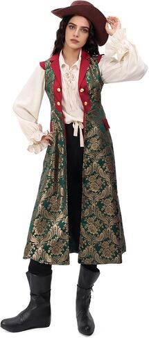 Renaissance Pirate Green Long Vest, Jacquard Fabric Surcoat, Medieval Cosplay Costume for Women in Saudi Arabia