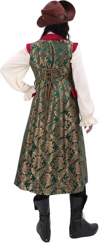 Renaissance Pirate Green Long Vest, Jacquard Fabric Surcoat, Medieval Cosplay Costume for Women in Saudi Arabia