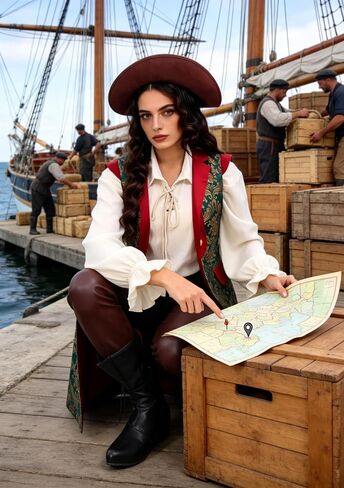 Renaissance Pirate Green Long Vest, Jacquard Fabric Surcoat, Medieval Cosplay Costume for Women in Saudi Arabia