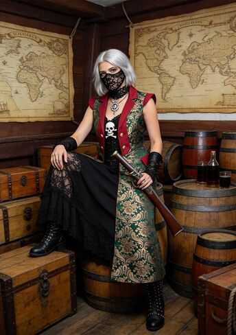 Renaissance Pirate Green Long Vest, Jacquard Fabric Surcoat, Medieval Cosplay Costume for Women in Saudi Arabia
