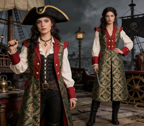 Renaissance Pirate Green Long Vest, Jacquard Fabric Surcoat, Medieval Cosplay Costume for Women in Saudi Arabia