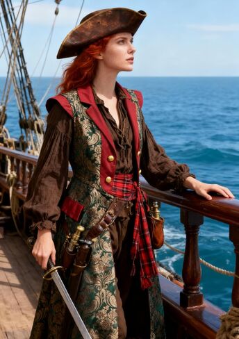 Renaissance Pirate Green Long Vest, Jacquard Fabric Surcoat, Medieval Cosplay Costume for Women in Saudi Arabia