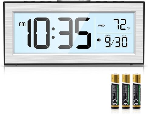 Bomivoi Battery Powered Digital Clock, LCD Digital Clock with Date & Temp Display, 5 Alarm Schedule, Snooze, 12/24 H, Auto Dimming, 5s Backlight, Small Alarm Clocks for Bedroom, Office, Travel, Silver in Kuwait