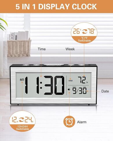 Bomivoi Battery Powered Digital Clock, LCD Digital Clock with Date & Temp Display, 5 Alarm Schedule, Snooze, 12/24 H, Auto Dimming, 5s Backlight, Small Alarm Clocks for Bedroom, Office, Travel, Silver in Kuwait