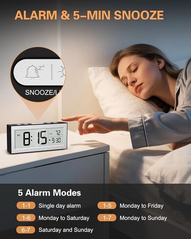 Bomivoi Battery Powered Digital Clock, LCD Digital Clock with Date & Temp Display, 5 Alarm Schedule, Snooze, 12/24 H, Auto Dimming, 5s Backlight, Small Alarm Clocks for Bedroom, Office, Travel, Silver in Kuwait