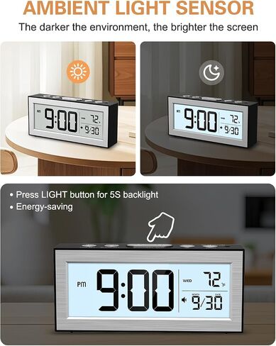 Bomivoi Battery Powered Digital Clock, LCD Digital Clock with Date & Temp Display, 5 Alarm Schedule, Snooze, 12/24 H, Auto Dimming, 5s Backlight, Small Alarm Clocks for Bedroom, Office, Travel, Silver in Kuwait