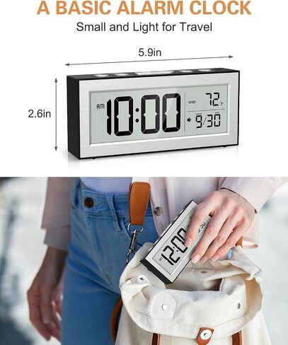 Bomivoi Battery Powered Digital Clock, LCD Digital Clock with Date & Temp Display, 5 Alarm Schedule, Snooze, 12/24 H, Auto Dimming, 5s Backlight, Small Alarm Clocks for Bedroom, Office, Travel, Silver in Kuwait