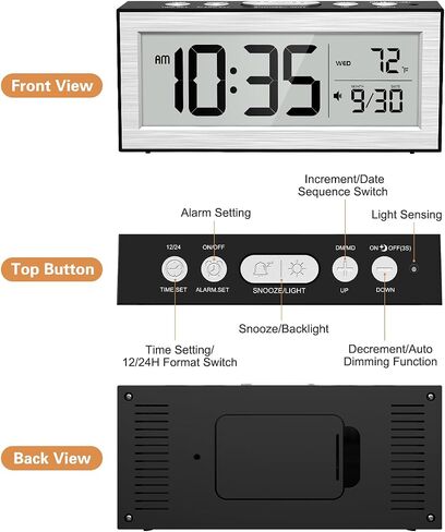 Bomivoi Battery Powered Digital Clock, LCD Digital Clock with Date & Temp Display, 5 Alarm Schedule, Snooze, 12/24 H, Auto Dimming, 5s Backlight, Small Alarm Clocks for Bedroom, Office, Travel, Silver in Kuwait