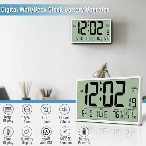 9‘’ Narrow Bezels Battery Operated Digital Wall Clock with Temperature and Humidity - Auto DST, Large 2⅝'' Digits, 5-Level Volume Alarm (3 AA Included) - Wall Mount/Desktop for Office Bedroom Kitchen in Saudi Arabia
