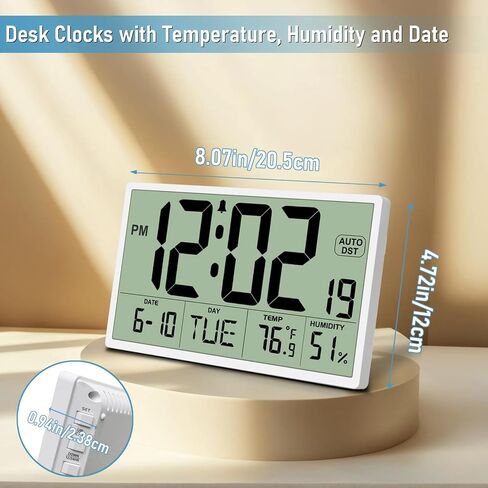9‘’ Narrow Bezels Battery Operated Digital Wall Clock with Temperature and Humidity - Auto DST, Large 2⅝'' Digits, 5-Level Volume Alarm (3 AA Included) - Wall Mount/Desktop for Office Bedroom Kitchen in Saudi Arabia