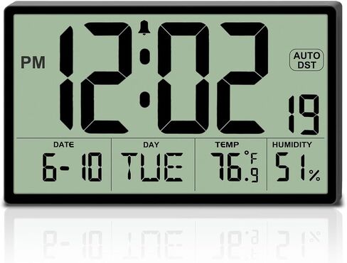 9‘’ Narrow Bezels Battery Operated Digital Wall Clock with Temperature and Humidity - Auto DST, Large 2⅝'' Digits, 5-Level Volume Alarm (3 AA Included) - Wall Mount/Desktop for Office Bedroom Kitchen in Saudi Arabia