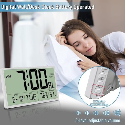 9‘’ Narrow Bezels Battery Operated Digital Wall Clock with Temperature and Humidity - Auto DST, Large 2⅝'' Digits, 5-Level Volume Alarm (3 AA Included) - Wall Mount/Desktop for Office Bedroom Kitchen in Saudi Arabia