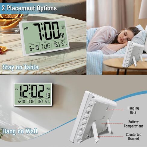 9‘’ Narrow Bezels Battery Operated Digital Wall Clock with Temperature and Humidity - Auto DST, Large 2⅝'' Digits, 5-Level Volume Alarm (3 AA Included) - Wall Mount/Desktop for Office Bedroom Kitchen in Saudi Arabia