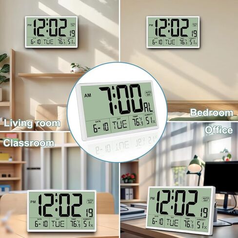 9‘’ Narrow Bezels Battery Operated Digital Wall Clock with Temperature and Humidity - Auto DST, Large 2⅝'' Digits, 5-Level Volume Alarm (3 AA Included) - Wall Mount/Desktop for Office Bedroom Kitchen in Saudi Arabia