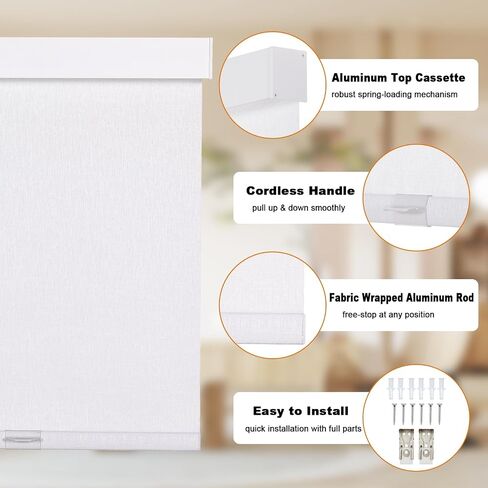 Persilux Light Filtering Roller Shades Cordless Window Shades Pull Down, Striped Jacquard Fabric, UV Protection Thermal Insulated Window Blinds for Indoor Windows Home Kitchen White 58" W x 72" H in Saudi Arabia