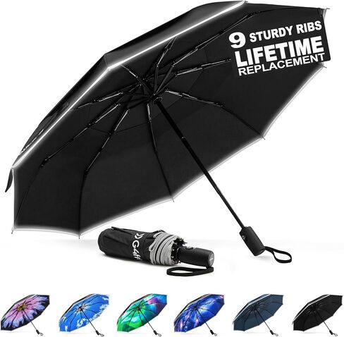 G4Free 42 Inch Eco Windproof Folding Umbrella for Rain & Sun 9 Ribs Wind Resistant Strong Fiberglass Double Canopy with Reflective Strip for Women Men Auto Open Close For Car & Backpack in Kuwait