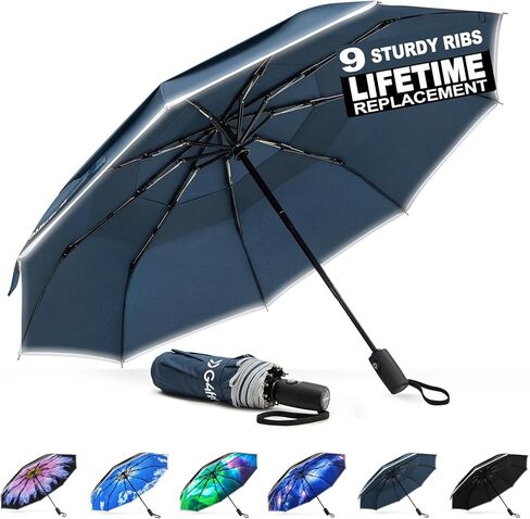 G4Free 42 Inch Eco Windproof Folding Umbrella for Rain & Sun 9 Ribs Wind Resistant Strong Fiberglass Double Canopy with Reflective Strip for Women Men Auto Open Close For Car & Backpack in Kuwait