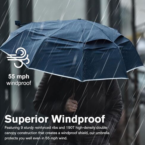 G4Free 42 Inch Eco Windproof Folding Umbrella for Rain & Sun 9 Ribs Wind Resistant Strong Fiberglass Double Canopy with Reflective Strip for Women Men Auto Open Close For Car & Backpack in Kuwait