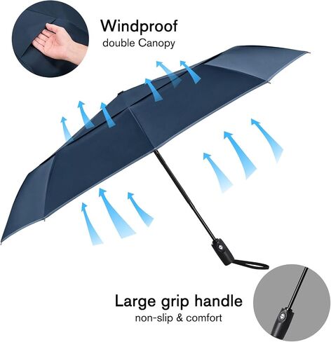 G4Free 42 Inch Eco Windproof Folding Umbrella for Rain & Sun 9 Ribs Wind Resistant Strong Fiberglass Double Canopy with Reflective Strip for Women Men Auto Open Close For Car & Backpack in Kuwait