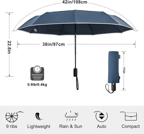 G4Free 42 Inch Eco Windproof Folding Umbrella for Rain & Sun 9 Ribs Wind Resistant Strong Fiberglass Double Canopy with Reflective Strip for Women Men Auto Open Close For Car & Backpack in Kuwait