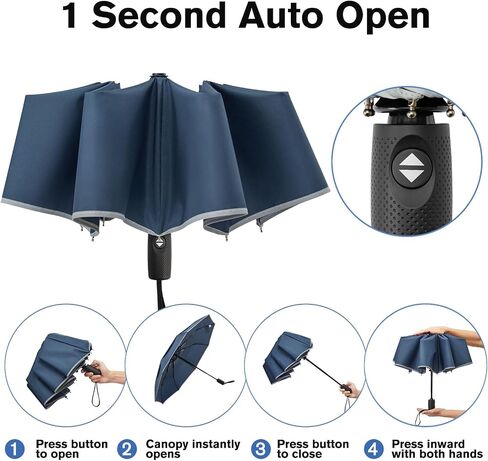 G4Free 42 Inch Eco Windproof Folding Umbrella for Rain & Sun 9 Ribs Wind Resistant Strong Fiberglass Double Canopy with Reflective Strip for Women Men Auto Open Close For Car & Backpack in Kuwait