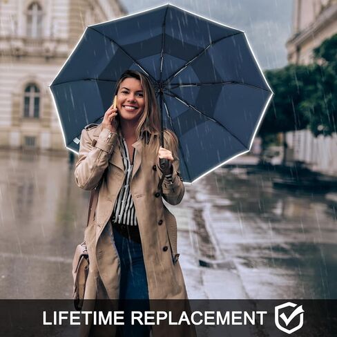 G4Free 42 Inch Eco Windproof Folding Umbrella for Rain & Sun 9 Ribs Wind Resistant Strong Fiberglass Double Canopy with Reflective Strip for Women Men Auto Open Close For Car & Backpack in Kuwait