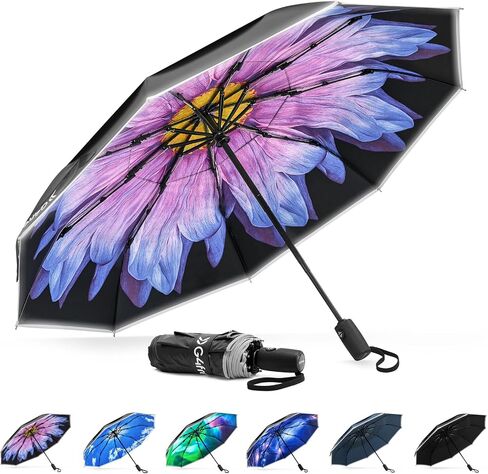 G4Free 42 Inch Eco Windproof Folding Umbrella for Rain & Sun 9 Ribs Wind Resistant Strong Fiberglass Double Canopy with Reflective Strip for Women Men Auto Open Close For Car & Backpack in Kuwait