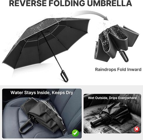 G4Free 46inch Ring Buckle Umbrella, Inverted Design with Carabiner Handle, Compact Travel Umbrella with Reflective Strip, Automatic Windproof for Rain in Saudi Arabia