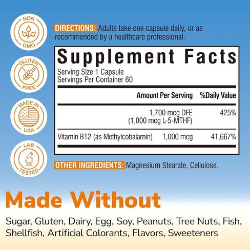 Vitalibre Methyl Folate 1000 mcg, L-5-MTHF with Methylcobalamin B12, Heart & Blood Health, Healthy Nervous System, Energy Support, Vegan, Bioactive Form, Best Absorption, 60 Capsules in Saudi Arabia