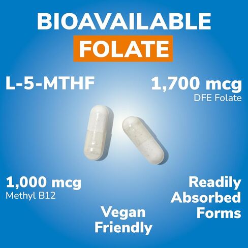 Vitalibre Methyl Folate 1000 mcg, L-5-MTHF with Methylcobalamin B12, Heart & Blood Health, Healthy Nervous System, Energy Support, Vegan, Bioactive Form, Best Absorption, 60 Capsules in Saudi Arabia