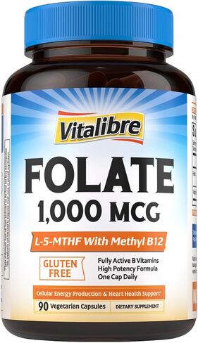 Vitalibre Methyl Folate 1000 mcg, L-5-MTHF with Methylcobalamin B12, Heart & Blood Health, Healthy Nervous System, Energy Support, Vegan, Bioactive Form, Best Absorption, 60 Capsules in Saudi Arabia