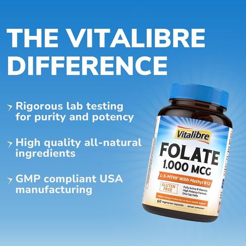 Vitalibre Methyl Folate 1000 mcg, L-5-MTHF with Methylcobalamin B12, Heart & Blood Health, Healthy Nervous System, Energy Support, Vegan, Bioactive Form, Best Absorption, 60 Capsules in Saudi Arabia