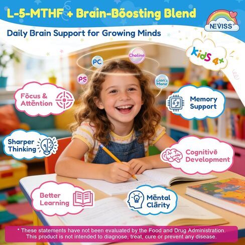 Kids L-Methylfolate Gummies, Kids Focus Gummies, Active 5-MTHF + Magnesium, Saffron, Lion's Mane Mushroom, Phosphatidylserine, Choline, Methyl B12, B6 for Mṏod, Brain, Bēhavior, No Sugar, 2 Pack in Kuwait