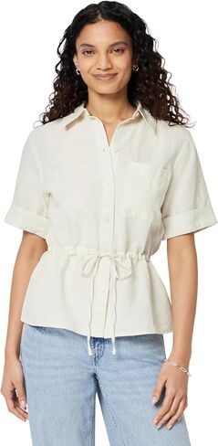 Amazon Essentials Women's Relaxed-Fit Linen Blend Wide Sleeve Shirt with Adjustable Waist Black in Kuwait