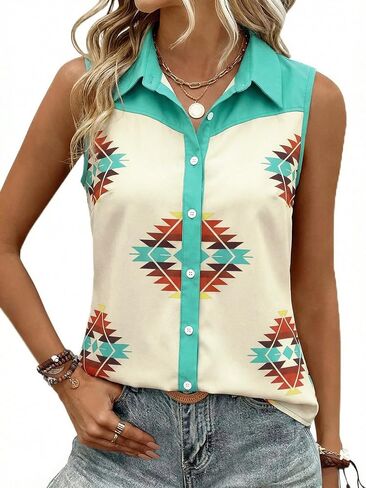 SFHFY Western Sleeveless Button Down Shirts Women Retro Cowgirl Tank Cowboy Boots Blouse Casual Summer Vacation Top in Saudi Arabia