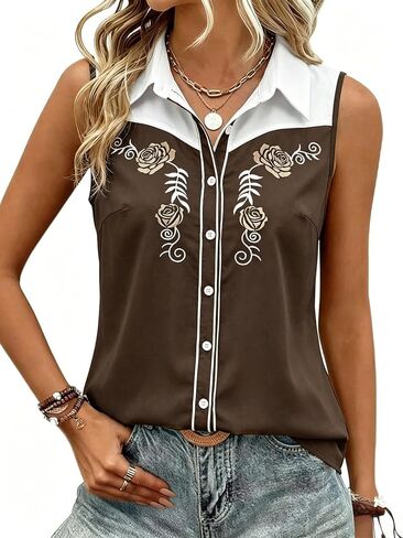 SFHFY Western Sleeveless Button Down Shirts Women Retro Cowgirl Tank Cowboy Boots Blouse Casual Summer Vacation Top in Saudi Arabia