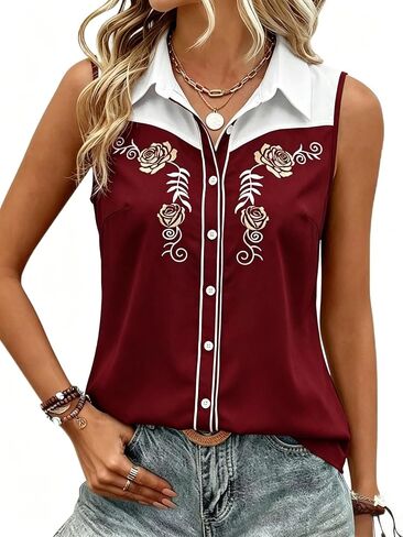 SFHFY Western Sleeveless Button Down Shirts Women Retro Cowgirl Tank Cowboy Boots Blouse Casual Summer Vacation Top in Saudi Arabia
