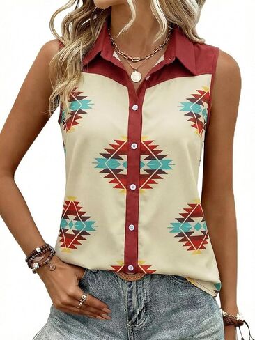SFHFY Western Sleeveless Button Down Shirts Women Retro Cowgirl Tank Cowboy Boots Blouse Casual Summer Vacation Top in Saudi Arabia