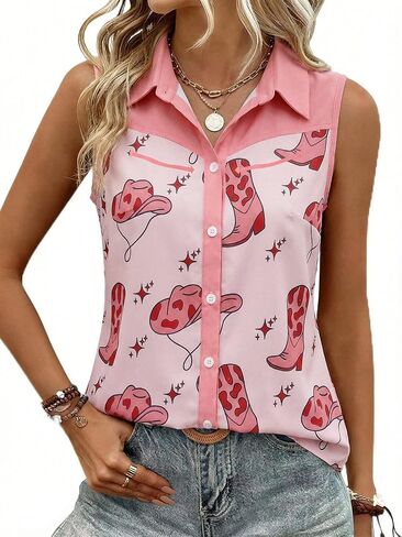 SFHFY Western Sleeveless Button Down Shirts Women Retro Cowgirl Tank Cowboy Boots Blouse Casual Summer Vacation Top in Saudi Arabia