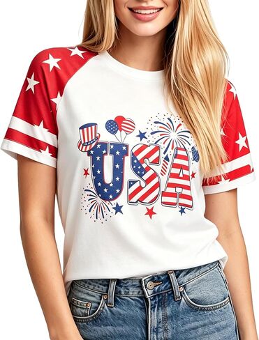 4th of July Shirts Women American Flag USA Fireworks Balloon Graphic Patriotic T-Shirt Outfit Tee Tops in Kuwait
