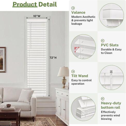 MiLin Cordless Sidelight Door Blinds 10"x 72" Horizontal Window Mini Blinds Faux Wood White Adjustable Tilt Wand Smooth, Privacy, Room Darkening Perfect for Sidelights & Front Door Entries 1 Pack in Saudi Arabia