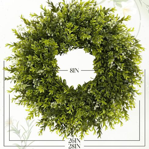 28'' Large Boxwood Wreath for Front Door Porch Window Artificial Boxwood Leaves with White Seed Greenery Outdoor Indoor Wreath for Home Farmhouse Wall Decor Spring Summer Fall All Seasons (Green) in Saudi Arabia