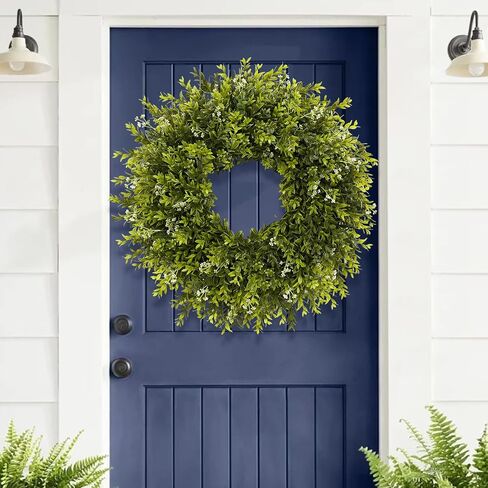 28'' Large Boxwood Wreath for Front Door Porch Window Artificial Boxwood Leaves with White Seed Greenery Outdoor Indoor Wreath for Home Farmhouse Wall Decor Spring Summer Fall All Seasons (Green) in Saudi Arabia
