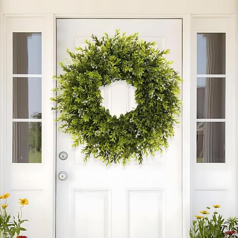 28'' Large Boxwood Wreath for Front Door Porch Window Artificial Boxwood Leaves with White Seed Greenery Outdoor Indoor Wreath for Home Farmhouse Wall Decor Spring Summer Fall All Seasons (Green) in Saudi Arabia