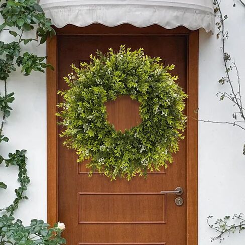 28'' Large Boxwood Wreath for Front Door Porch Window Artificial Boxwood Leaves with White Seed Greenery Outdoor Indoor Wreath for Home Farmhouse Wall Decor Spring Summer Fall All Seasons (Green) in Saudi Arabia