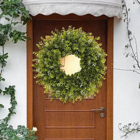 28'' Large Boxwood Wreath for Front Door Porch Window Artificial Boxwood Leaves with White Seed Greenery Outdoor Indoor Wreath for Home Farmhouse Wall Decor Spring Summer Fall All Seasons (Green) in Saudi Arabia
