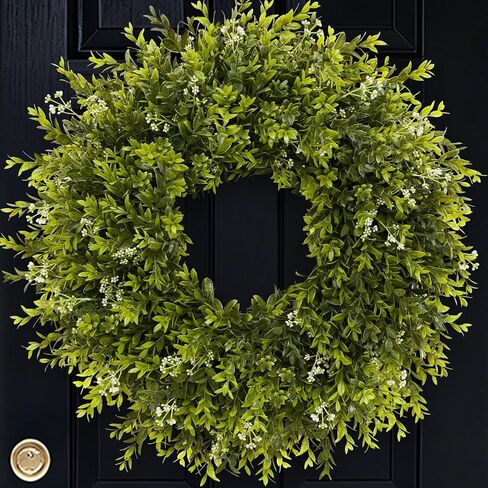 28'' Large Boxwood Wreath for Front Door Porch Window Artificial Boxwood Leaves with White Seed Greenery Outdoor Indoor Wreath for Home Farmhouse Wall Decor Spring Summer Fall All Seasons (Green) in Saudi Arabia