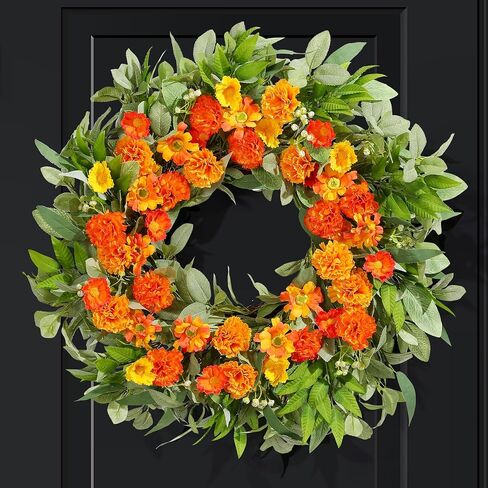 24 Inch Summer Wreaths for Front Door with Carnations, Daisies and Eucalyptus - Artificial Spring Summer Front Door Wreath for Farmhouse, Porch, Window, Wedding, Celebration, Indoor Outdoor Home Décor in Saudi Arabia