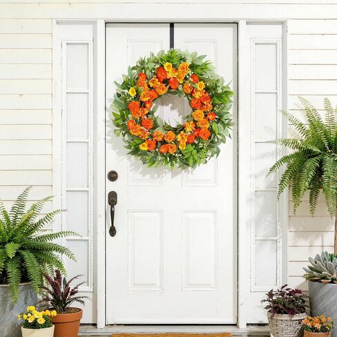 24 Inch Summer Wreaths for Front Door with Carnations, Daisies and Eucalyptus - Artificial Spring Summer Front Door Wreath for Farmhouse, Porch, Window, Wedding, Celebration, Indoor Outdoor Home Décor in Saudi Arabia