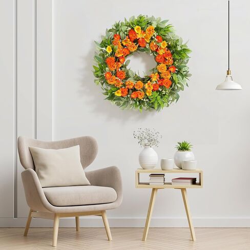 24 Inch Summer Wreaths for Front Door with Carnations, Daisies and Eucalyptus - Artificial Spring Summer Front Door Wreath for Farmhouse, Porch, Window, Wedding, Celebration, Indoor Outdoor Home Décor in Saudi Arabia